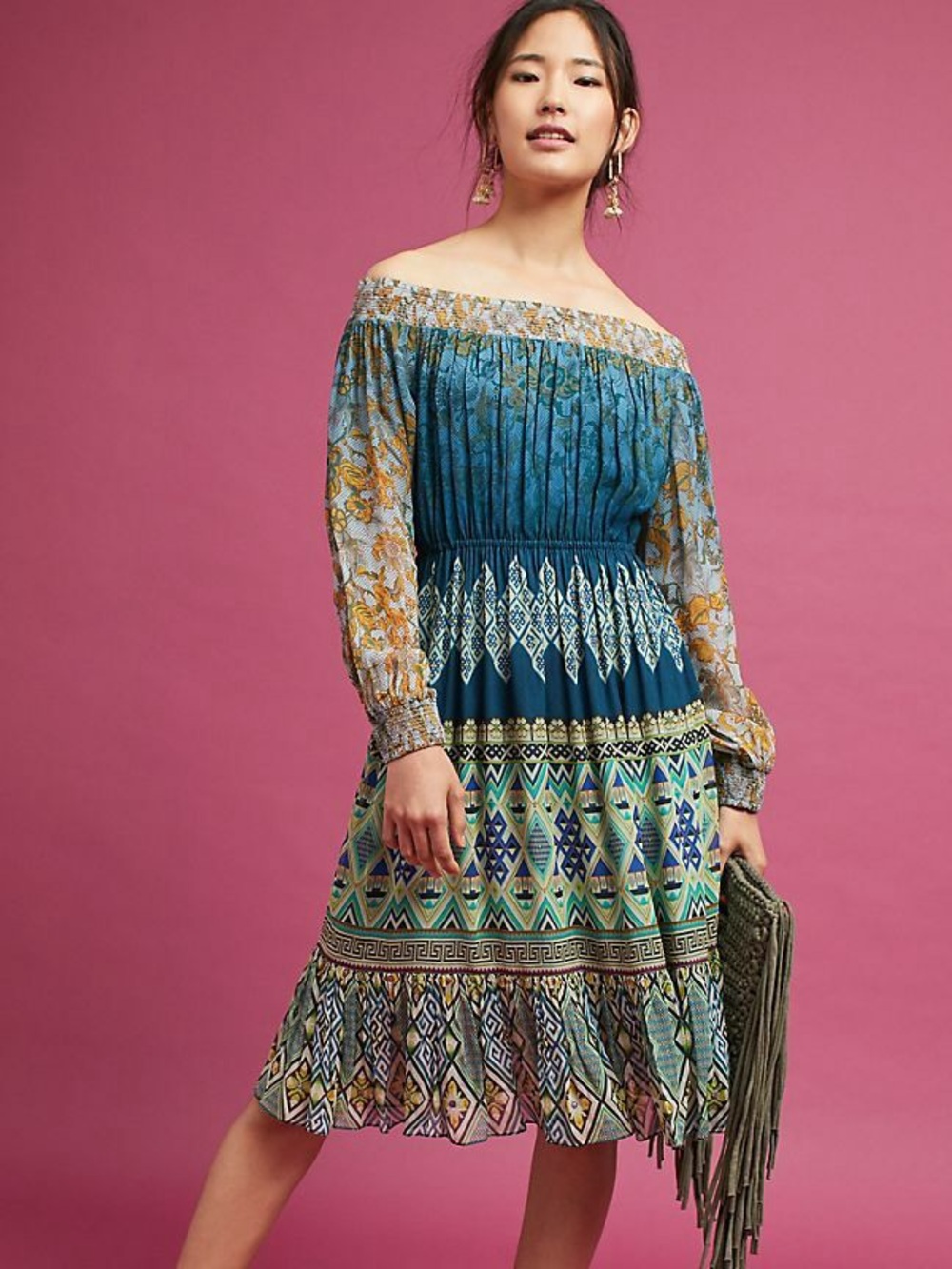 Anthropologie || Tanvi Kedia Kareena Dress Smocked Beaded Blue Green Gold‎ XS